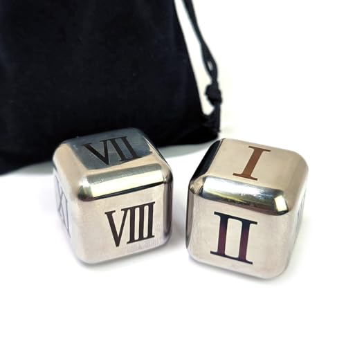 2Pcs/Set Stainless Steel Roman Numerals Dices, Ⅰ-Ⅻ Patterns Metal Rolling Dice Set for Party Game Roll Decider
