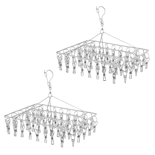 ZHYOPING 2 Pack Sock Hanger for Washing Line, Metal Sock Dryer with 50 Pegs, Stainless Steel Underwear Dryer Hanger with Clips, Swivel Hook Wind-Proof Clothes Drying Hanger, Sock Airer with Pegs