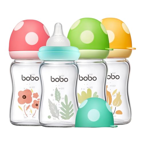 Image of YOHKOH Natural Glass Baby Bottle with Level 1 Slow Flow Nipple, Newborn Anti-Colic Baby Bottles, Wide Neck Mushroom Baby Glass Bottle (Multicolour1, (5.4oz (Pack of 4))