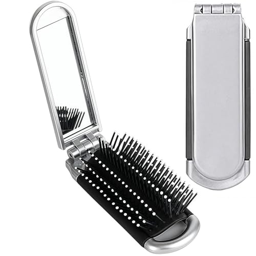 Folding Hair Brush, Small Travel Hair Brush with Mirror, Collapsable Pocket Size Hairbrush, for Gym, Swimming