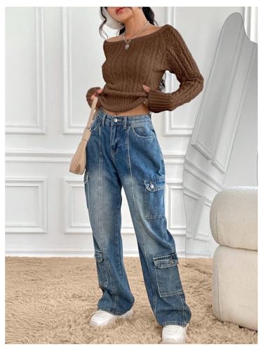 GORGLITTER Women's Off The Shoulder Cable Knit Sweater Long Sleeve Knitted Sweater Pullover Tops4