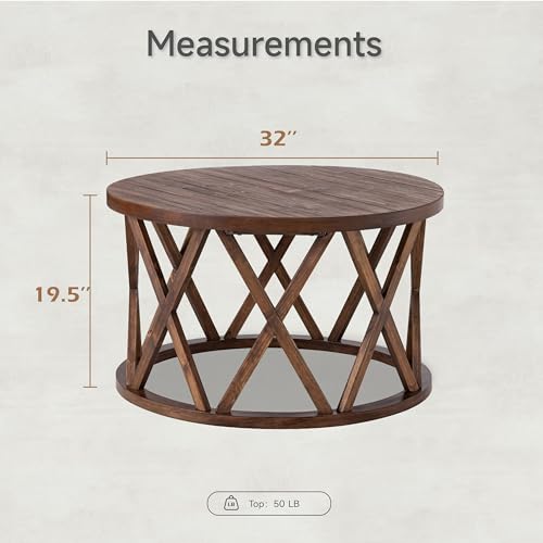 Rustic Farmhouse Coffee Table, Round Coffee Table with X-Motifs Legs, Wood Textured Top, for Boho, French Country Decor, Brown
