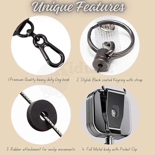 Image of Kidultz(Pack of 1) Heavy Duty Metal Zinc Alloy I'd Card Retractable Black Stylish Badge yoyo Reel, Key Chain Holder Belt Clip Pull Cord with 27.5 inch Steel Cable (Black)