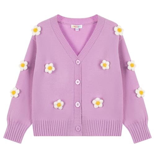 Girls' Cardigan with 3D Flowers Embroidery, Cropped Knit Sweater Shrug for Kids, Long Sleeve Uniform Cardigans for 5-12 Years