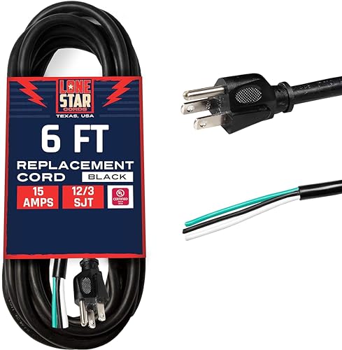 Lonestar 12 AWG Replacement Power Cord with Open End - 6 Ft Appliance and Power Tool Cord 15 Amp, 12/3 SJT, NEMA 5-15P - Texas Based American Business