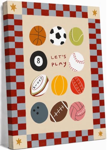 Image of Let's Play Sports Balls Canvas Wall Art, Funny Sports Nursery Painting Picture Wall Decor, Cute Boho Neutral Kids Playroom Poster Print Artwork, for Playroom, Nursery Home Decoration, 16x24in Framed
