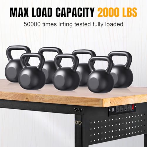 Image of 60 inch Heavy Duty Work Bench, Adjustable Workbench, 2000 LBS Load Capacity Rubber Wood Work Table with Pegboard, Power Outlets, Work Benches for Garage, Workshop, Office, Home, Commercial