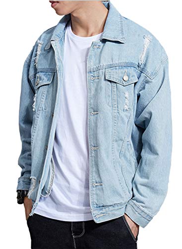 David.ann Men's Denim Jacket Classic Ripped Jean Coat Jacket With Holes,Blue,Large #TOP4