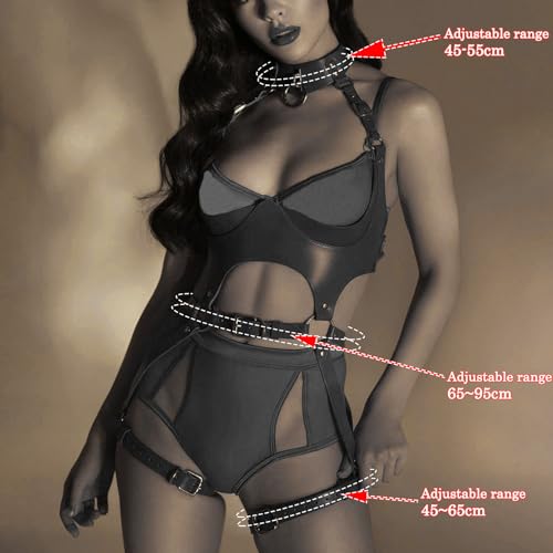 AMZII Punk Harness Damen Leder Brustgurte mit Halsband Frauen Sex,BDSMs Dessous Damen Sexy Unterwäsche Frauen Sexy Set,Einstellbare Gothic Kleidung Frau Reizwäsche Fetisch Lingerie (Schwarz)