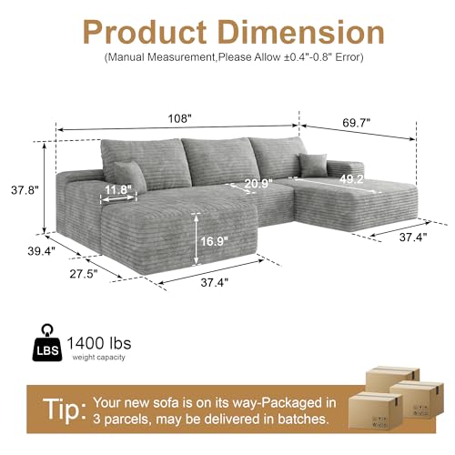 Image of 96 inch Sectional Couches for Living Room Cloud Couch Sofa with L-Shape Upholstered Boneless Couchs Modern Modular Sectional Couch with Chaise