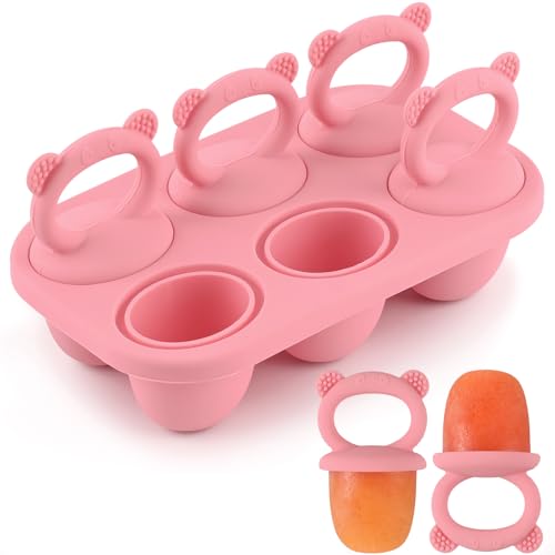 Image of Moukiween Toddler Popsicle Molds Baby Food Storage Containers Suitable for Fresh Frozen Fruit Puree and Yogurt Ice Cream with Handle Food Freezer Trays (Pink)