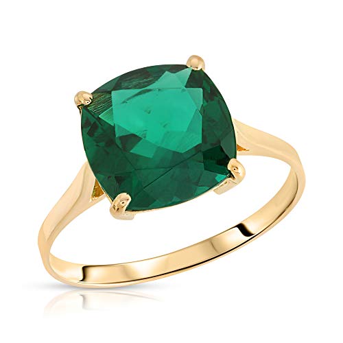 Galaxy Gold GG 3.10 ctw Carats 14K Solid Yellow Gold Cushion Emerald Solitaire Ring with Genuine Vibrant Emerald Brilliant Cut Anniversary Engagement Promise Valentines for Her Him Unisex Ring