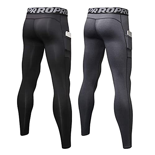 Lanbaosi Mens Compression Pants With Pockets Workout Leggings Running Tights Cool Dry Athletic Sports Gym Baselayer 2 Pack #TOP1