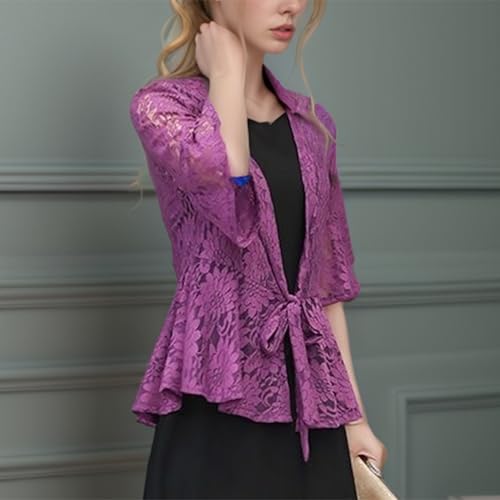 Image of FindThy Women's 3 /4 Flare Sleeve Lace Cardigan Tie Knot Front Floral Knitted Cover Up Shrugs