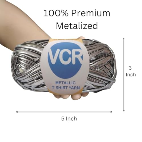 Image of VCR Metallic Silver Metallic T-Shirt Yarn, 100 Grams, 100% Metallized Craft Yarn, Pack of 1 Yarn, Suitable for Handbags, Tote Bags and Sling Bags