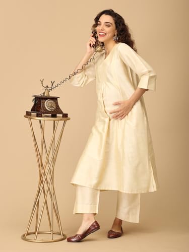 Image of The Mom Store Women's Raw Silk Maternity and Nursing Kurta Set | Front Zipper for Easy Feeding Pre and Post Pregnancy