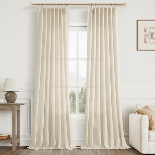 Beige Pinch Pleated 90 Inch Curtains 2 Panels for Living Room Cream Linen Curtains 90 Inches Long Pinch Pleat Drapes for Track System Light Filtering Semi Sheer Curtain for Dining Bedroom Office