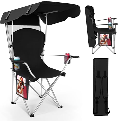 Image of VTOY Portable Camping Chair with Canopy - Folding Chair with Canopy, Durable 600D Oxford Canopy Chair for Camping, Beach, Picnics, Fishing & Sports (1Pack Black)