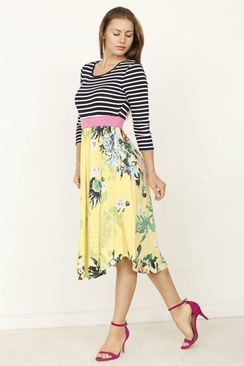 Image of Eloges Women's 3 /4 Sleeve Contrast Waist Band Floral Curved Hem Midi Dress