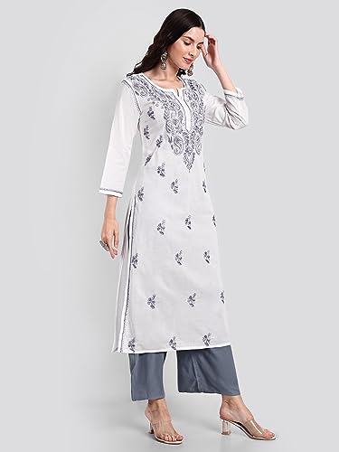 Image of Seva Chikan Hand Embroidered Lucknowi Chikankari Regular Straight Cotton Kurta Kurti for Women SCL4243