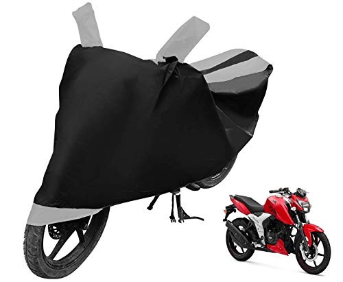 Image of Auto Hub Bike Cover Compatible with TVS Apache RTR 160 with Mirror Pocket, Dustproof, Heat Resistant, Triple Stitched, Apache 160 Bike Cover- Black, Silver