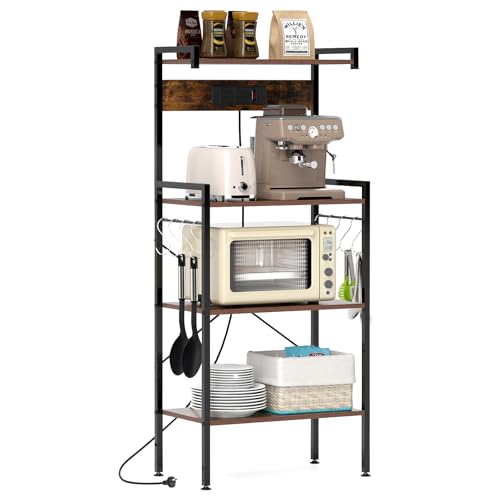 Giantex 4-Tier Kitchen Bakers Rack w/Power Outlet, Microwave Oven Stand w/ 8 S-Hooks, Heavy-Duty Metal Frame, Storage Organizer for Spices, Pots, and Pans