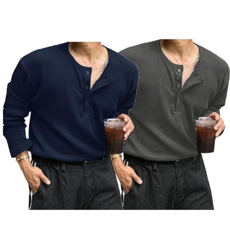 Image of Trillion Men's Textured Fabric Solid Color Basic Half-Open Collar T-Shirt, Fall Long Sleeve Men Shirt | Tshirt for Men
