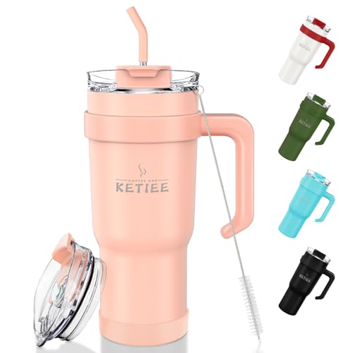 KETIEE 40 oz Tumbler with Handle and Straw, Leakproof Vacuum Insulated Stainless Steel Cups with Screwed Lid & Straw Gym Water Jug Travel Mug for Hot/Cold, Sweat Proof, Dishwasher Safe (Pink