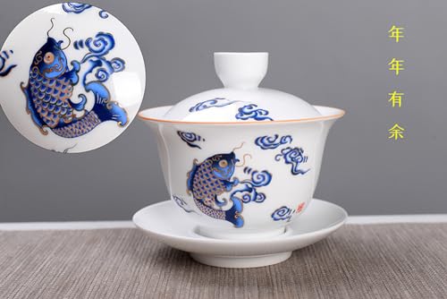 Image of Liang baobao Porcelain Gaiwan 8oz Teacup White Glazed Tureen Chinese Sancai Cover Bowl Lip Cup Saucer Set (Fish leaping)