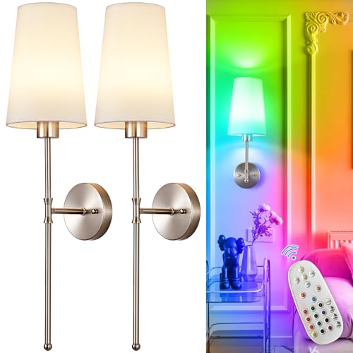 Image of Depuley Battery Operated Wall Sconce: 27 inch Set of 2 Wireless Wall Lights with Remote for Bedroom - Rechargeable 15 Colors Wall Lamp for Living Room Hallway Decor - Brushed Nickel