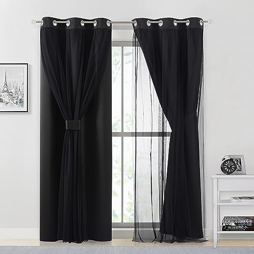 Image of Bujasso Black Full Blackout Curtain Panels with Sheer Overlay Mix and Match Double Layer Thermal Insulated Window Treatment Set for Living Room Black Drapes with Tiebacks Grommet Top 37 inch Wx95 Lx2