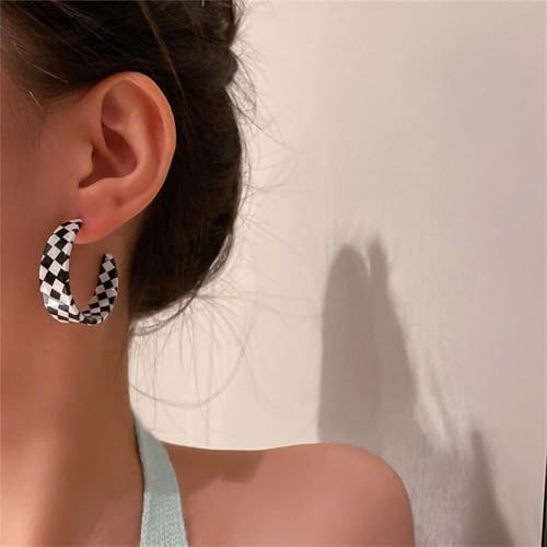 coadipress 3 Pairs Checkerboard Hoop Earrings for Women Minimalist C Shaped Checkered Earrings Chunky Simple Colorful Checker Black White Grid Earrrings Lightweight 70s 80s 90s Party Jewelry2