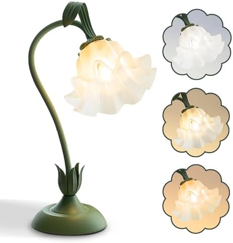 Flower Table Lamp,LED Reading Light Bedside Vintage Flower Night Light,3 Colors Modes Kawaii Bedside Lamps Decor,Living Room Bedroom Room Lighting Table Lamps Home Decoration (Green)