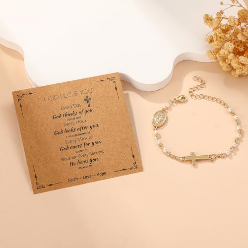 Catholic Bracelets Gifts for Women Girls, Pearl Rosary Beads Virgin Mary Cross Charm Bracelet Confirmation First Communion Baptism Religious Christian Jewelry Gift3
