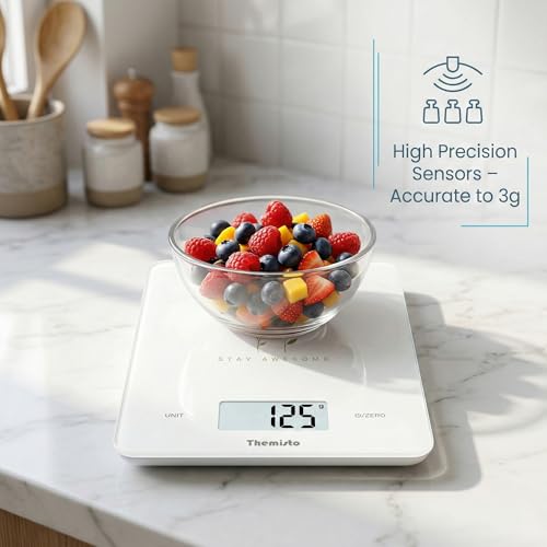 Image of Themisto TH-WS19 Digital Kitchen Weighing Scale With Touch Screen Controls | For Cooking, Baking, Health & Fitness | Max Capacity 5kg | Tempered Glass | Tare Function | 6 Months Warranty
