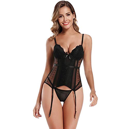 UIWFJEH Lingerie sexy pour femme - Push Up - Lingerie sexy - Bustier - Body amincissant - Grande taille, Noir , M Cover