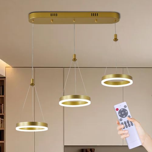 Wansi ShineWansi Shine LED Chandelier with Remote: 3-Light Modern Gold LED Linear Chandelier for Dining Room - Circle Rings Dimmable Pendant Light Fixture for Kitchen Island Adjustable Height (2700K-6500K)