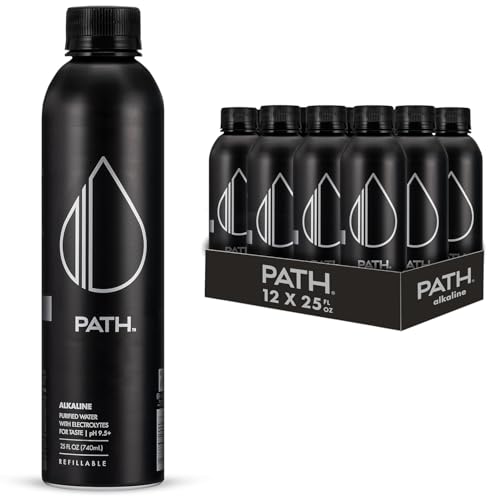 Image of PATH Alkaline Bottled Water - 9.5 pH-Balanced Purified Water with Electrolytes in Aluminum Bottle - BPA-Free, Reusable, Infinitely Recyclable - Pure, Crisp, Refreshing Taste - 25 Fl Oz (Pack of 18)