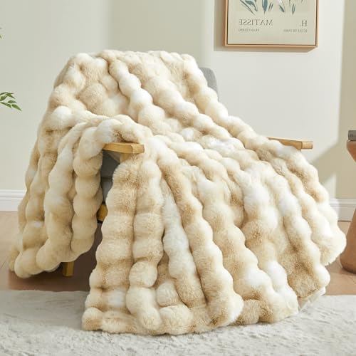 BEDELITE Faux Fur Throw Blanket for Couch, Decorative Tie-Dye Khaki Plush Bubble Blanket - Super Soft & Cozy Fluffy Faux Rabbit Fur Blanket for Women Gift, 50x60 Inches