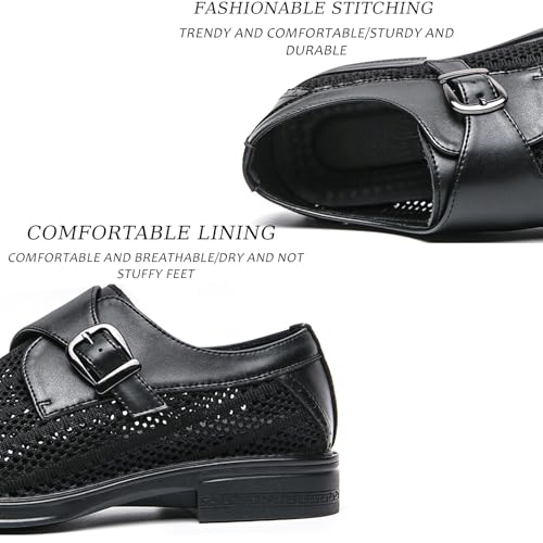 Men's Summer Buckle Dress Shoes Retro Pointed Leather Chunky Heel One-Step Driving Business Oxford Shoes Breathable Mesh Work Casual Sandals4