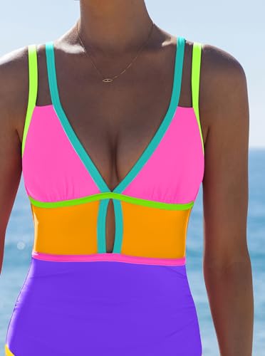 Image of popvil Women One Piece Swimsuit 2026 Tummy Control Sexy Cutout Neon Color Block Bathing Suit Slimming Adjustable Swimwear