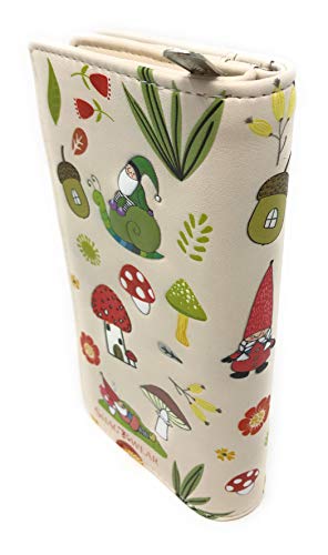 Shag Wear Gnome Forest Large Wallet for Women and Teen Girls Multiple Gnomes Mushrooms Plants Vegan Faux Leather Beige 7"2