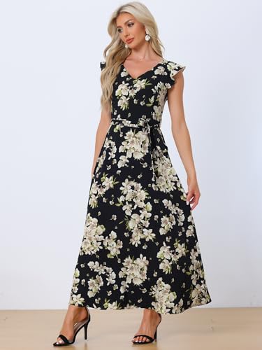 Image of Allegra K Maxi Dresses for Women's Summer Belted Ruffle Slevee Floral Dress Large Black