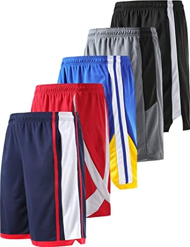 5 Pack Big Boys Youth Athletic Mesh Basketball Shorts with Pockets Quick Dry Activewear (Set 3, Large)
