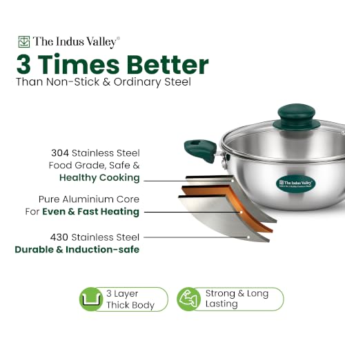 Image of The Indus Valley Triply Stainless Steel Cookware Set of 4 | Kadai 20cm with Glass Lid, Fry Pan 18cm & Saucepan 14cm | 100% Toxin-Free | Faster Cooking | Induction Compatible