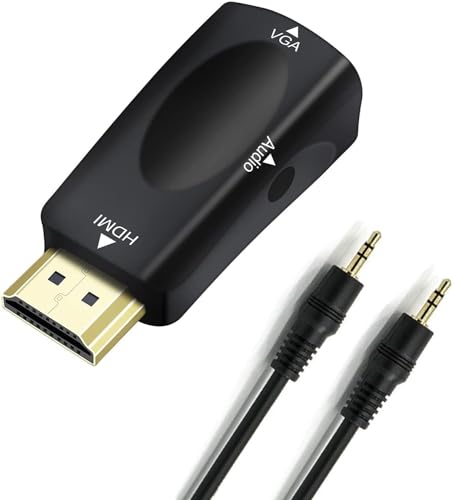 AYMBH Adaptador HDMI a VGA con puerto de audio de 3,5 mm para monitor, TV, proyector, convertidor HDMI macho a VGA hembra, soporte de alta resolución 1080p, conector chapado en oro, diseño compacto,