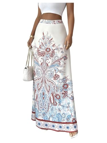 MakeMeChic Women's Floral Maxi Skirt Paisley Print High Waist Flare Hem Country Boho Skirts
