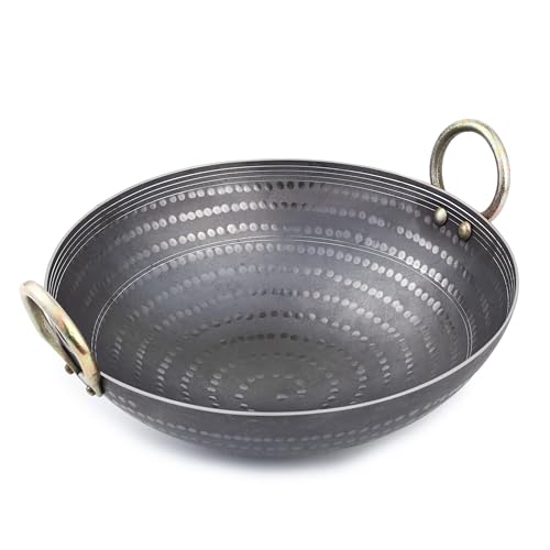 Image of VISMAY'S 3 Litre 11 inch Food Grade Iron Kadai India's 1st Smooth Edge Kadhai Strong Riveted Handle Traditional Frying Pan Wok Hammered Heavy Base Metal Spoon Friendly Works on Gas and Induction