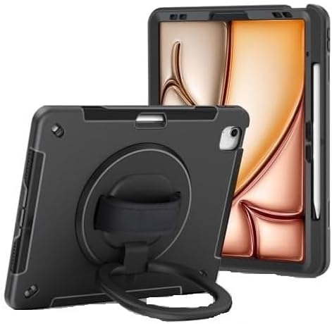 Rugged Shockproof Case for iPad Air 13 Inch (M4) 2026 - Heavy-Duty Protective Cover with 360° Rotating Stand, Hand Strap & Pencil Holder (Black)