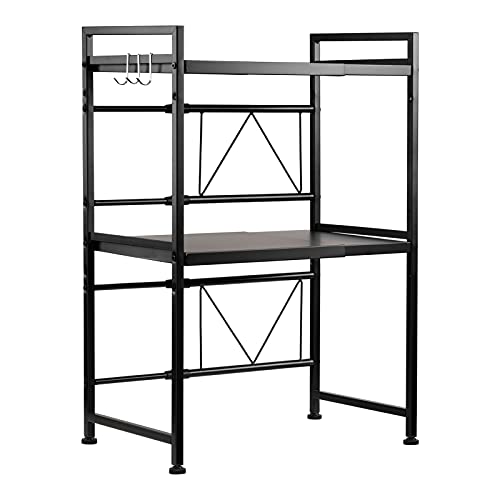 Abocofur Expandable And Height Adjustable Microwave Oven Rack, 3-Tier Metal Kitchen Counter Toaster And Rice Cooker Stand, Heavy Duty Tableware Storage Shelf With 3 Hooks, 15.7"-25.2"(L), Black #TOP3